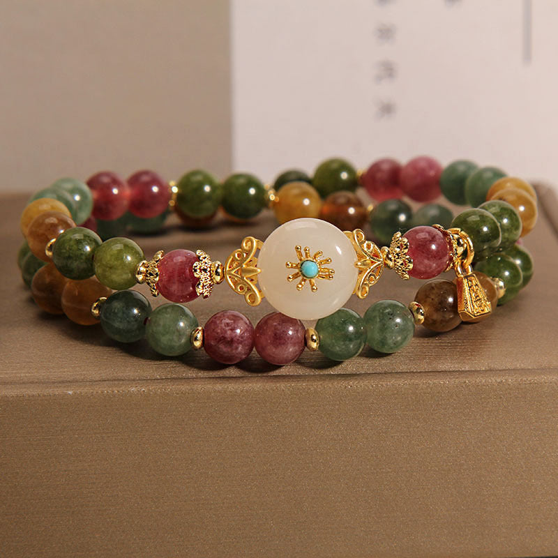 Buddha Stones Natürliches mehrfarbiges Turmalin-Jade-Blumenarmband mit positiver Wirkung, doppelt gewickelt