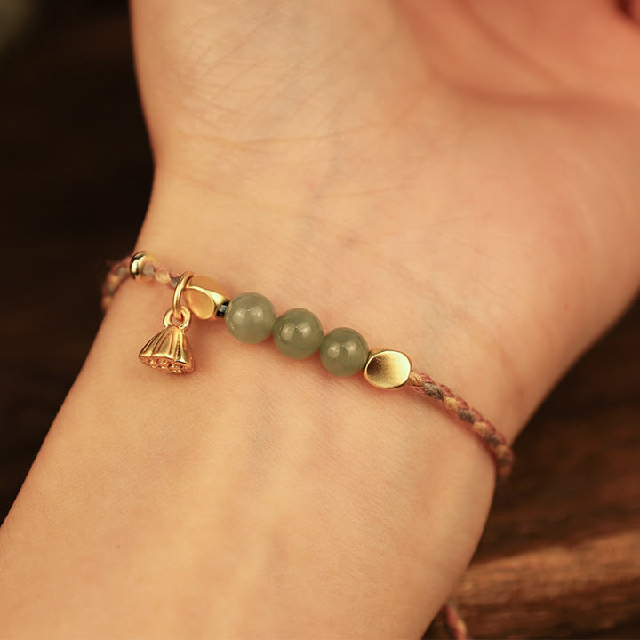 Buddha Stones Handgefertigtes geflochtenes Lotus-Charm-Armband aus hetianischer Jade