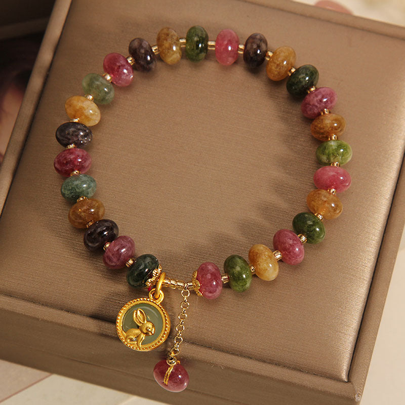 Buddha-Steine, natürlicher, bunter Turmalin, süßer Hase, positives Armband