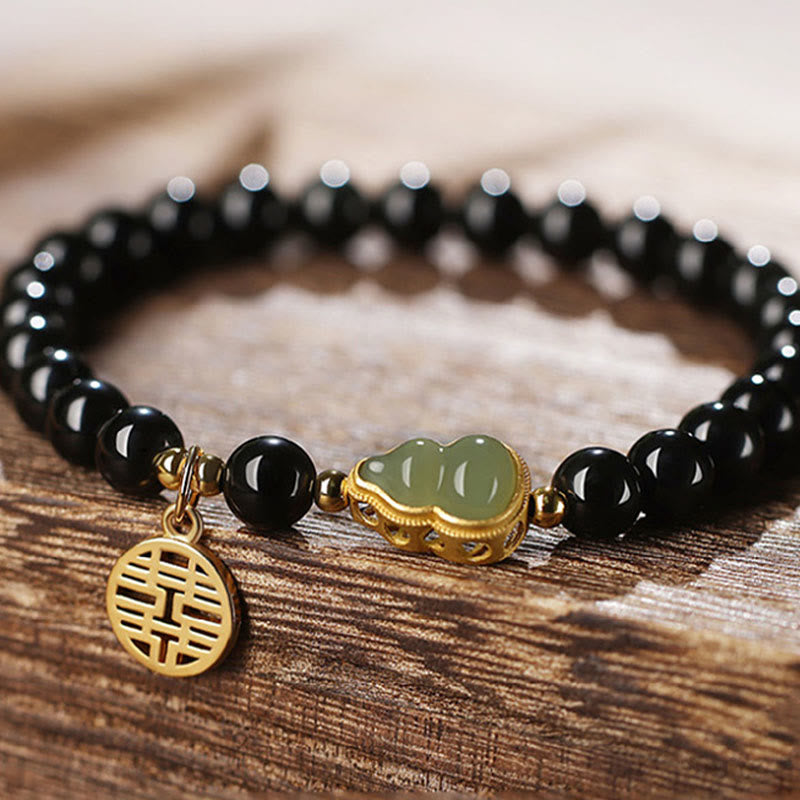 Natürliches schwarzes Obsidian-Hetian-Jade-Kürbis-Armband mit doppelter Glückskraft