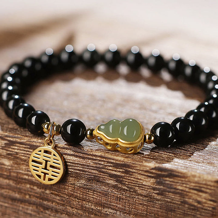 Natürliches schwarzes Obsidian-Hetian-Jade-Kürbis-Armband mit doppelter Glückskraft