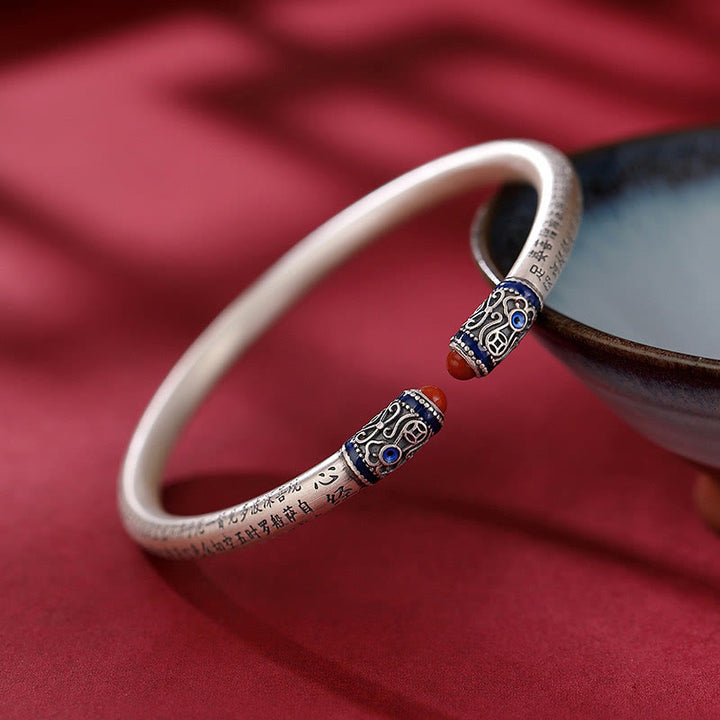 Buddha Stones 999 Sterling Silber Herz Sutra Gravur Roter Achat Schutzarmband Armreif - image 1