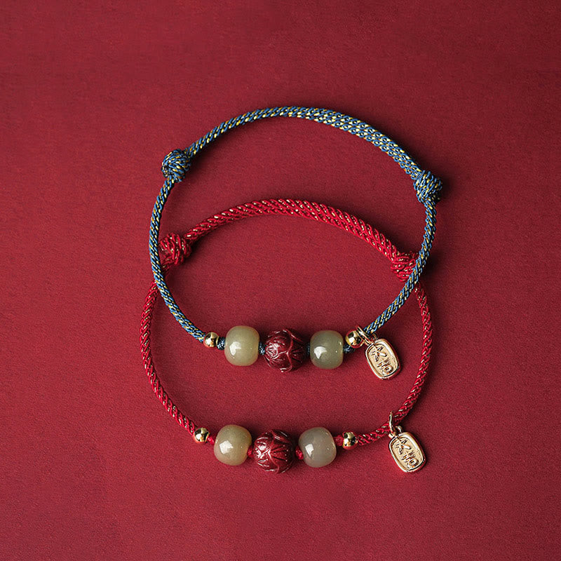 Buddha Stones 14K vergoldetes Hetian Jade Zinnober Lotus Glück handgefertigtes Seilarmband - image 2