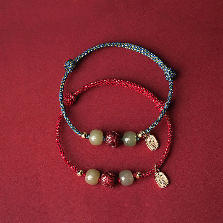 Buddha Stones 14K vergoldetes Hetian Jade Zinnober Lotus Glück handgefertigtes Seilarmband - image 2