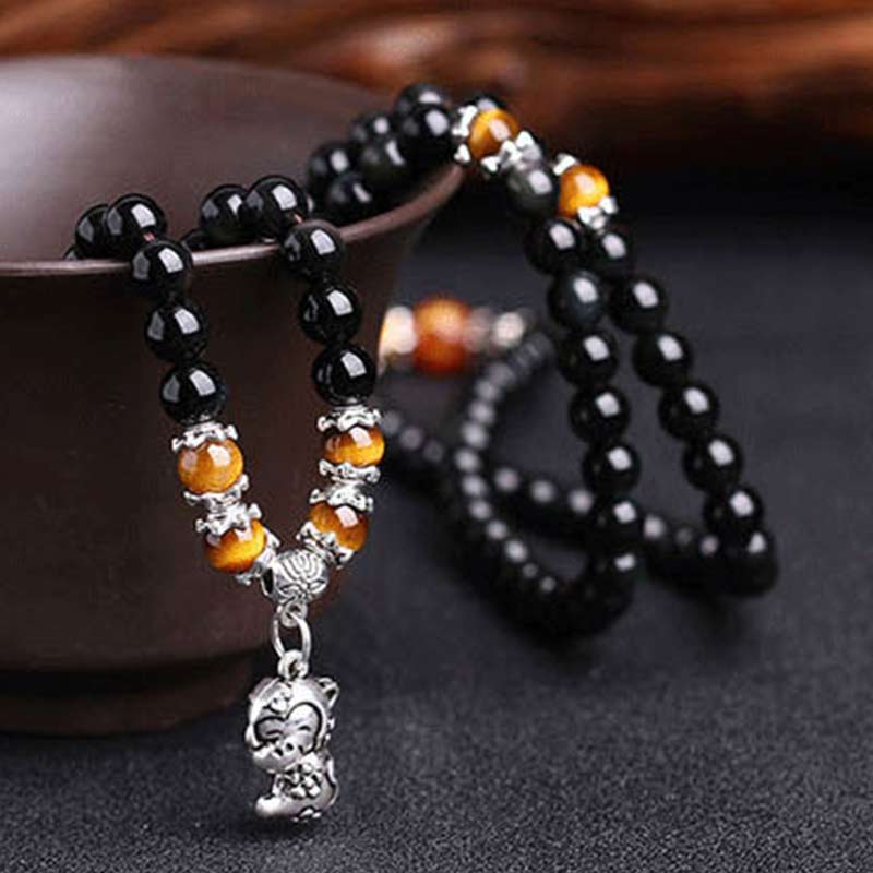 Chinesisches Sternzeichen 108 Perlen schwarzes Obsidian-Tigerauge-Glücks-Mala-Armband
