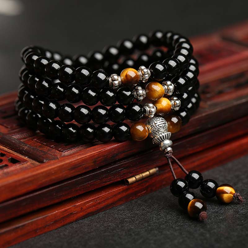 Buddha Stones Schwarzes Obsidian-Tigerauge-Segen-Mala-Armband