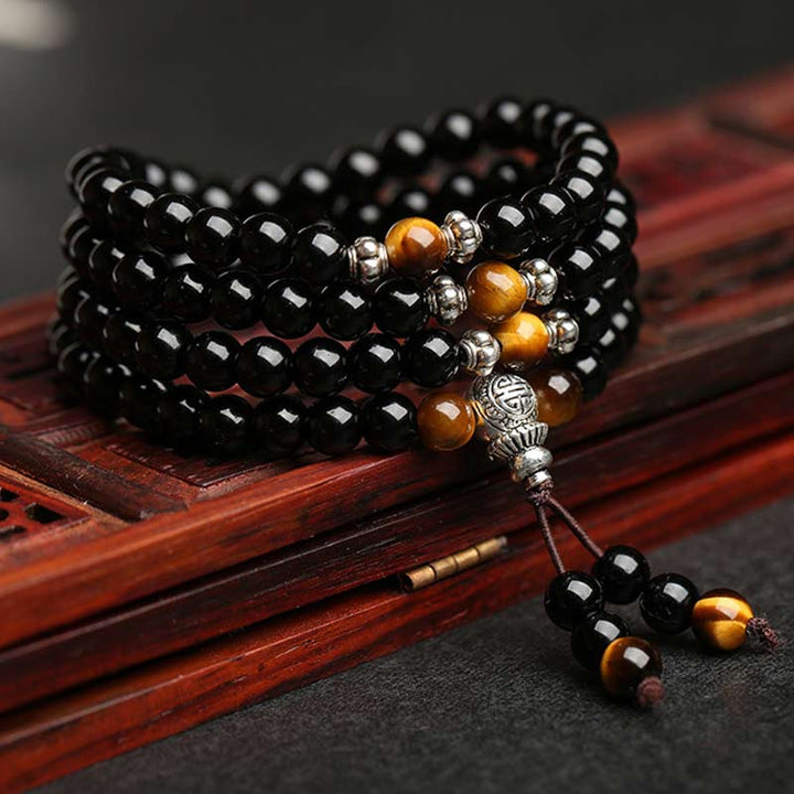 Buddha Stones Schwarzes Obsidian-Tigerauge-Segen-Mala-Armband