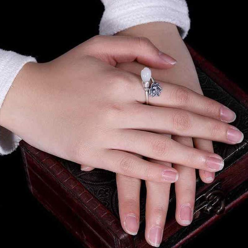 Buddha Stones Jade Lotus Kupfer Balance Heilung verstellbarer Ring