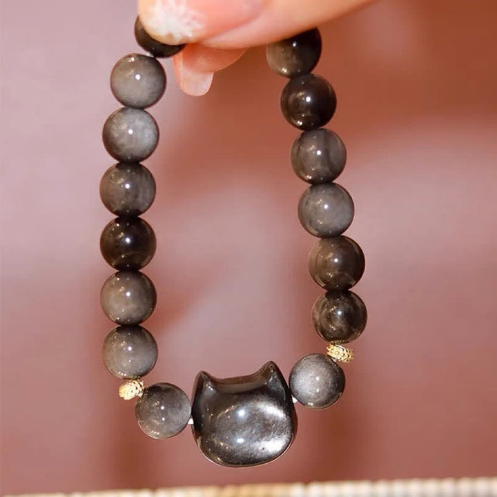 Buddha Stones Gold glänzender Obsidian Silber glänzender Obsidian Schönes Pfoten-Glückskatzen-Schutzarmband - image 37