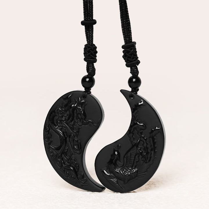Buddha Stones, schwarzer Obsidian, Yin-Yang-Drache, Phönix, Glücks-Halsketten-Anhänger - image 2