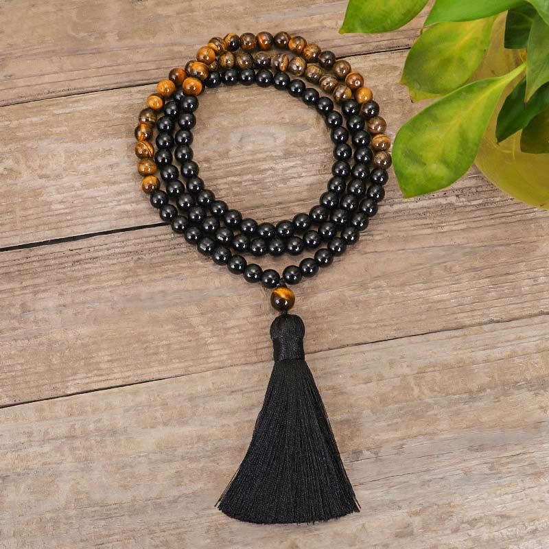 Buddha Stones Tibetisches schwarzes Onyx-Tigeraugenschutz-Halsketten-Mala-Set