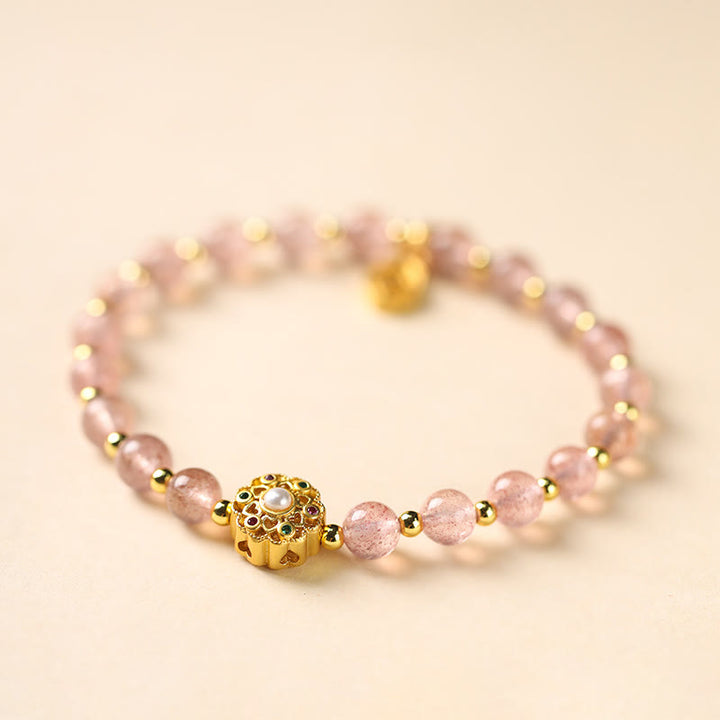 Buddha Stones 14 Karat vergoldetes natürliches Erdbeerquarz-Labradorit-Sonnenstein-Fu-Character-Charm-Armband
