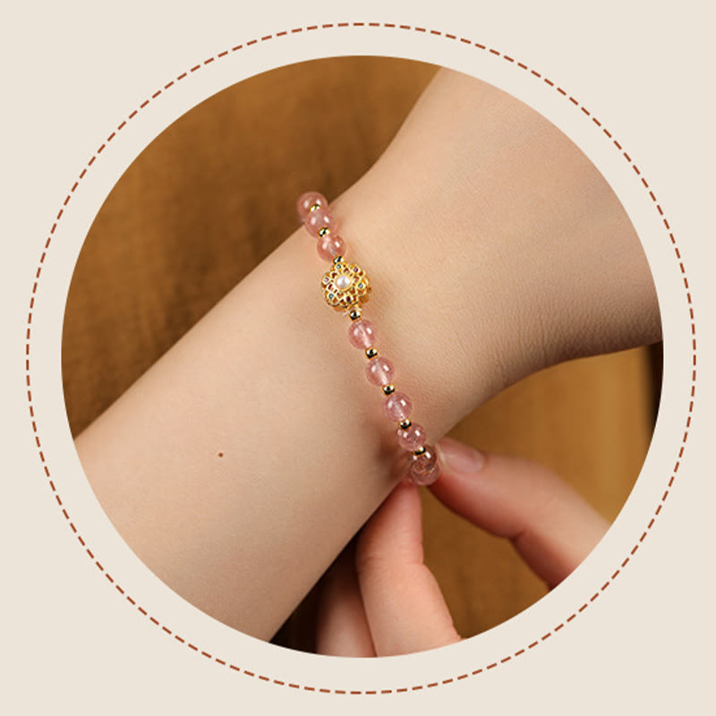 Buddha Stones 14 Karat vergoldetes natürliches Erdbeerquarz-Labradorit-Sonnenstein-Fu-Character-Charm-Armband