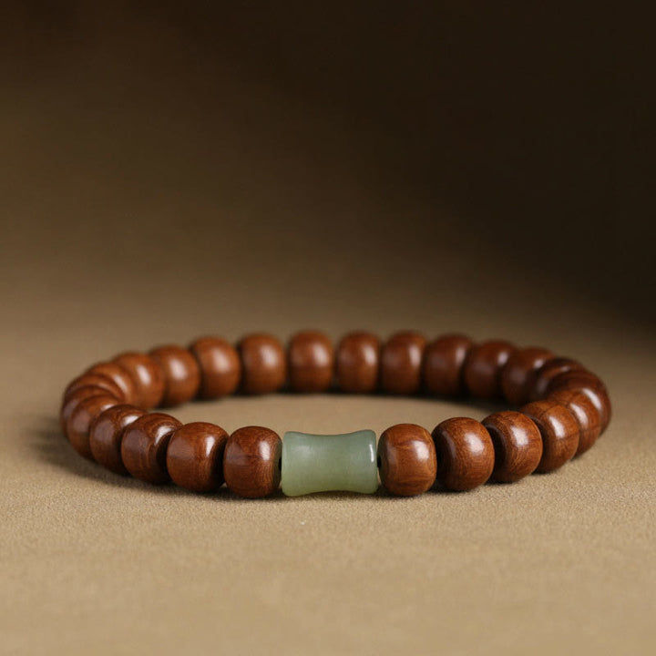 Buddha Stones Armband aus natürlichem Abelia Biflora-Holz, Hetian-Jade und Bambusperle, das böse Geister abwehrt