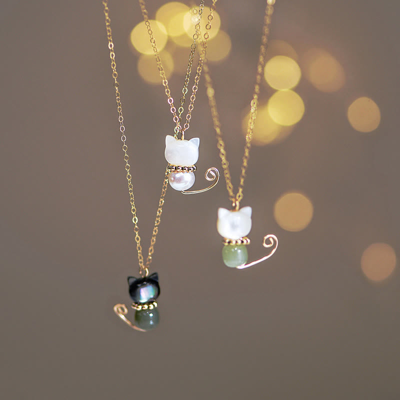 Buddha Stones 14K vergoldete Perle Hetian Jade Muschel Glück Katze Kätzchen Halskette Anhänger - image 1