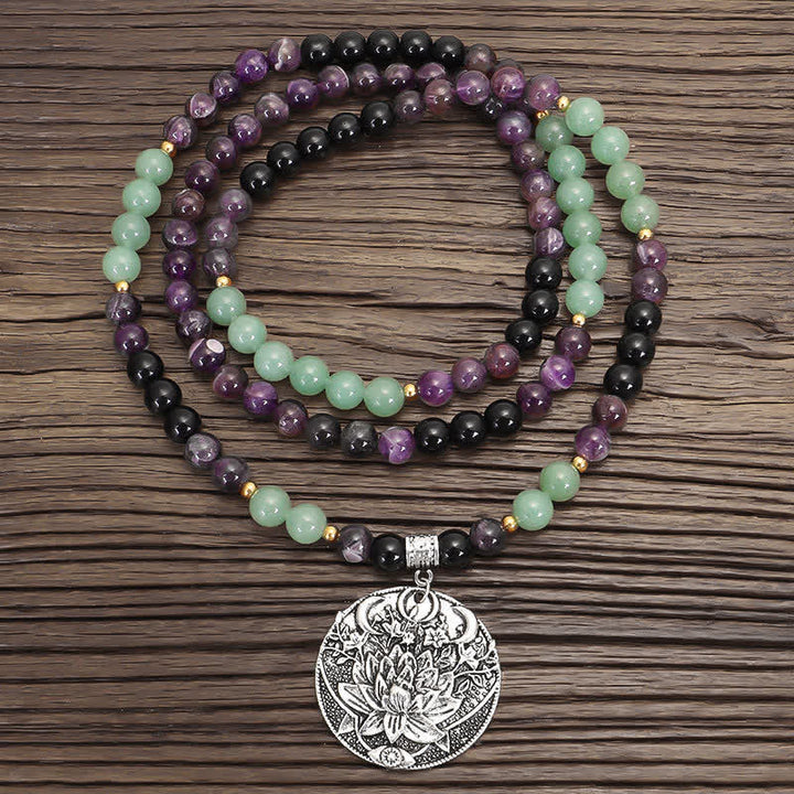 Buddha Stones 108 Mala-Perlen, Amethyst, grüner Aventurin, Lotus, Meditationsarmband