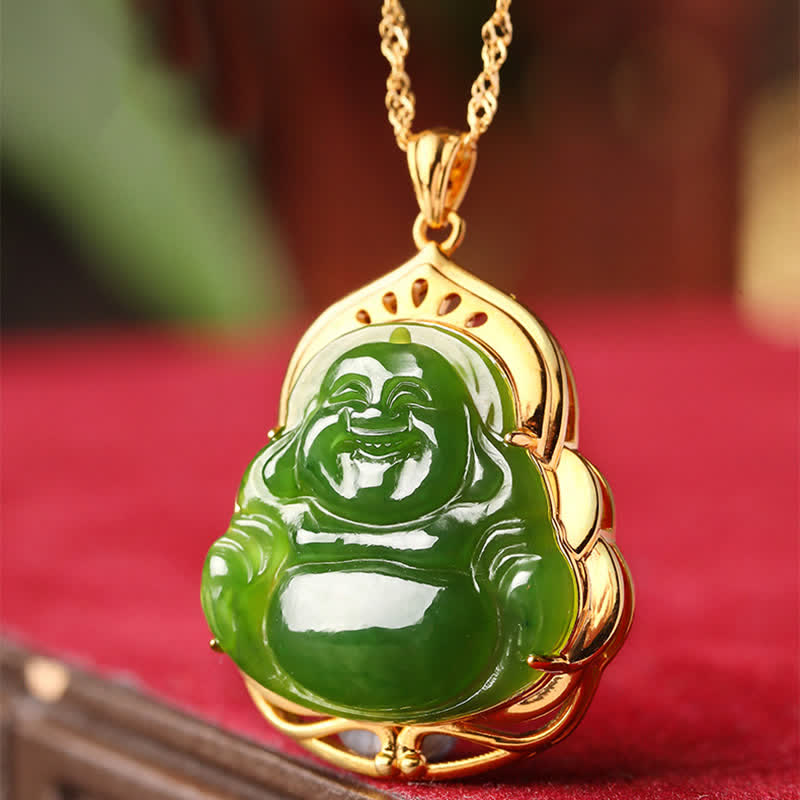 925 Sterling Silber natürliche Hetian Cyan Jade lachender Buddha 18K Gold Heilung Halskette Kettenanhänger - image 4