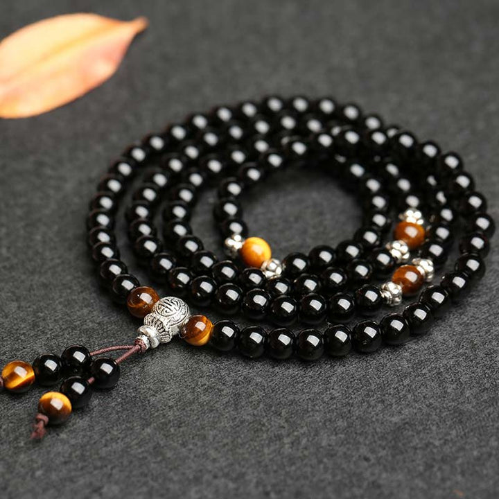 Buddha Stones Schwarzes Obsidian-Tigerauge-Segen-Mala-Armband