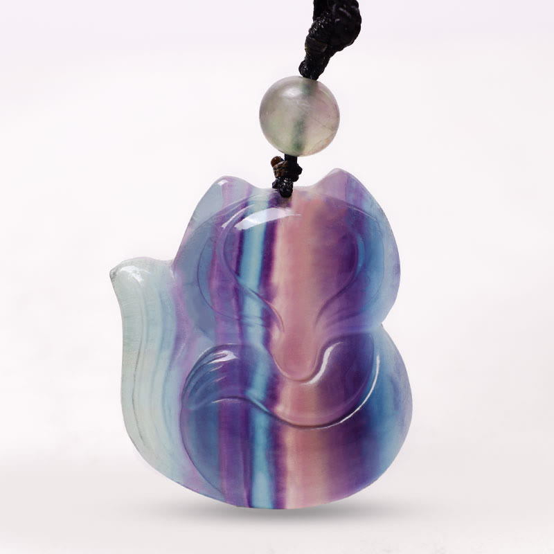 Buddha Stones Natürliche Fluorit-Goldglanz-Obsidian-Fuchs-Anhänger-Schutz-Halskette