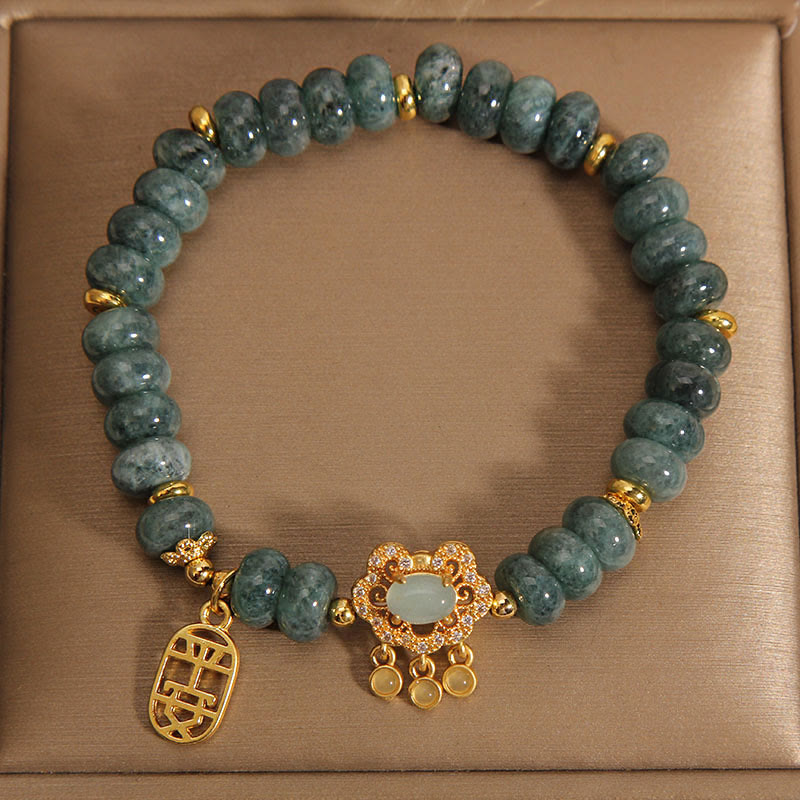 Armband mit Buddha Stonesn, natürlichem Jade-Chinesisch-Schloss-Charm, Frieden, Glück, Fülle