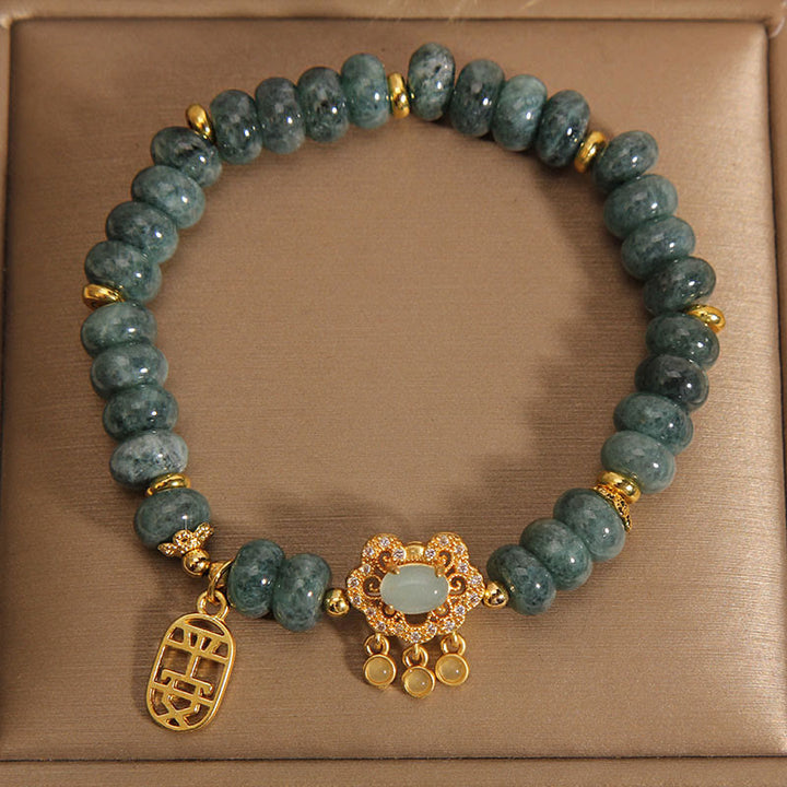 Armband mit Buddha Stonesn, natürlichem Jade-Chinesisch-Schloss-Charm, Frieden, Glück, Fülle
