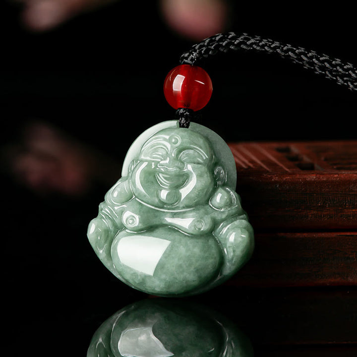 Buddha Stones, natürlicher grüner Jade-Halskettenanhänger, lachender Buddha, Glück, Fülle
