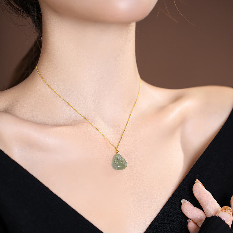 925 Sterling Silber natürliche Hetian Jade Cyan Jade Glück lachender Buddha Schmetterling Halskette Anhänger - image 3