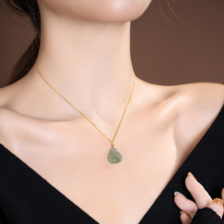 925 Sterling Silber natürliche Hetian Jade Cyan Jade Glück lachender Buddha Schmetterling Halskette Anhänger - image 3