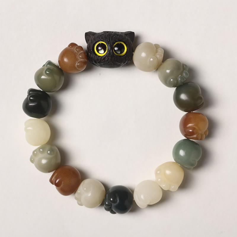 Armband mit Buddha Stonesn, natürlichem Bodhi-Samen, schöne Pfote, Ebenholz, glückliche Katze, Weisheit - Mehrfarbiger Bodhi-Samen - Einfache Version (Handgelenkumfang 14–15 cm) - image 1