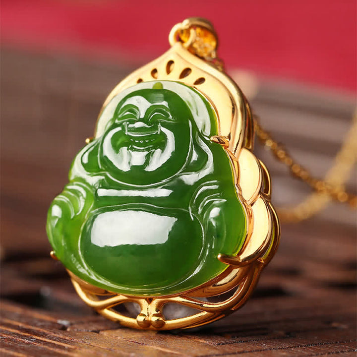 925 Sterling Silber natürliche Hetian Cyan Jade lachender Buddha 18K Gold Heilung Halskette Kettenanhänger - image 7