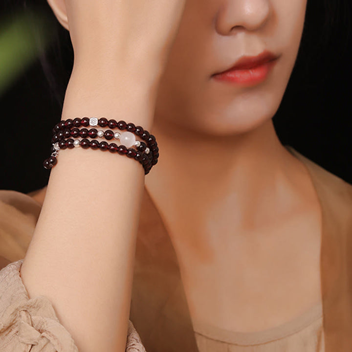 Buddha Stones 925 Sterling Silber Natürlicher Granat Katzenaugenschutz Dreifach gewickeltes Armband - image 6