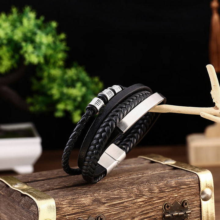 Buddha Stones Lederarmband mit mehrschichtiger Balance aus Titanstahl und geflochtener Magnetschnalle