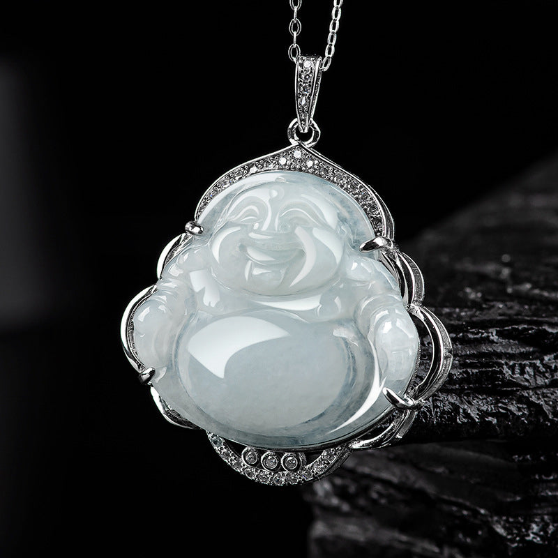 Buddha Stones 925 Sterling Silber Lachender Buddha Natürliche Jade Fülle Halskette Anhänger - Jade (Wohlstand ♥ Überfluss) - image 1