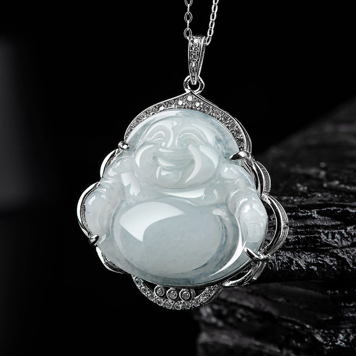 Buddha Stones 925 Sterling Silber Lachender Buddha Natürliche Jade Fülle Halskette Anhänger - Jade (Wohlstand ♥ Überfluss) - image 1