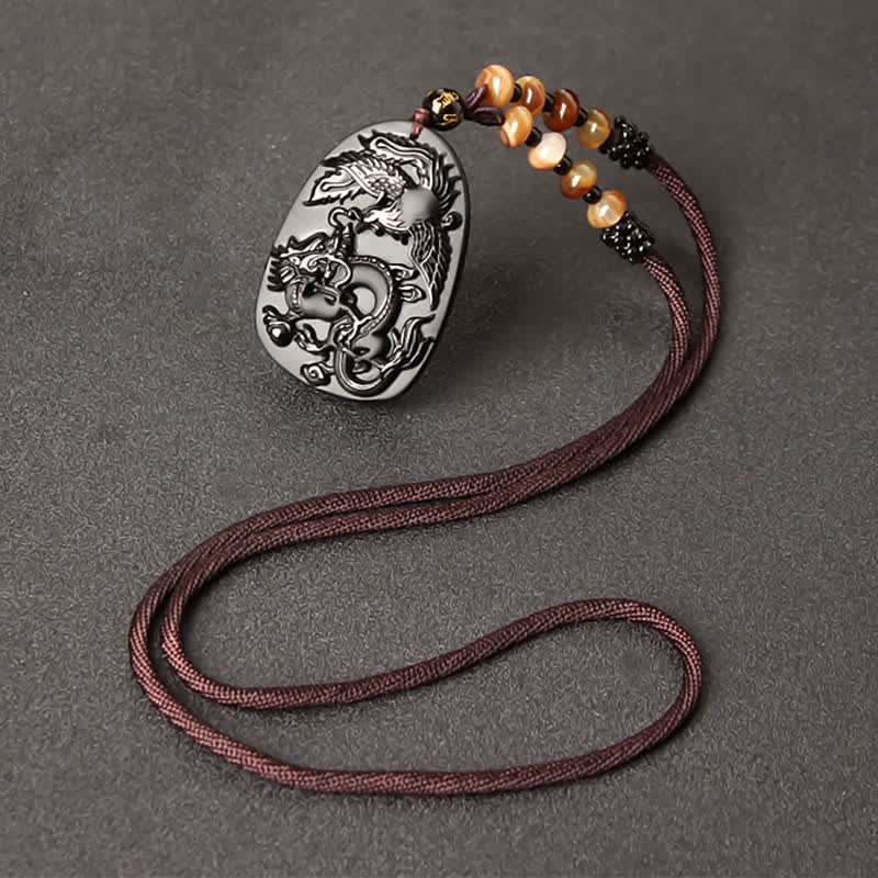 Schwarzer Obsidian Tigerauge Drache Phönix Schutz Perlen Halskette Anhänger - Obsidian&Achat Perlenkette - image 4