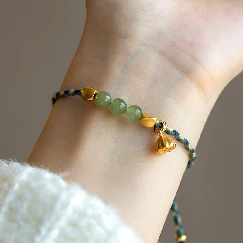Buddha Stones Handgefertigtes geflochtenes Lotus-Charm-Armband aus hetianischer Jade