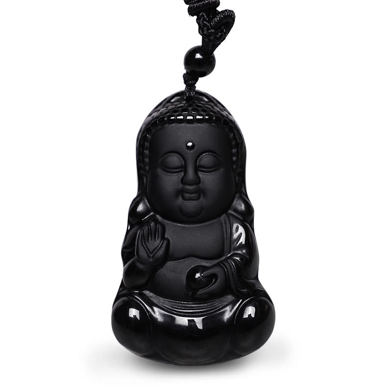 Buddha Stones, natürlicher schwarzer Obsidian-Kristall, Buddha-Stärke, Schutz, Amulett, Glücksbringer-Anhänger-Halskette - image 2