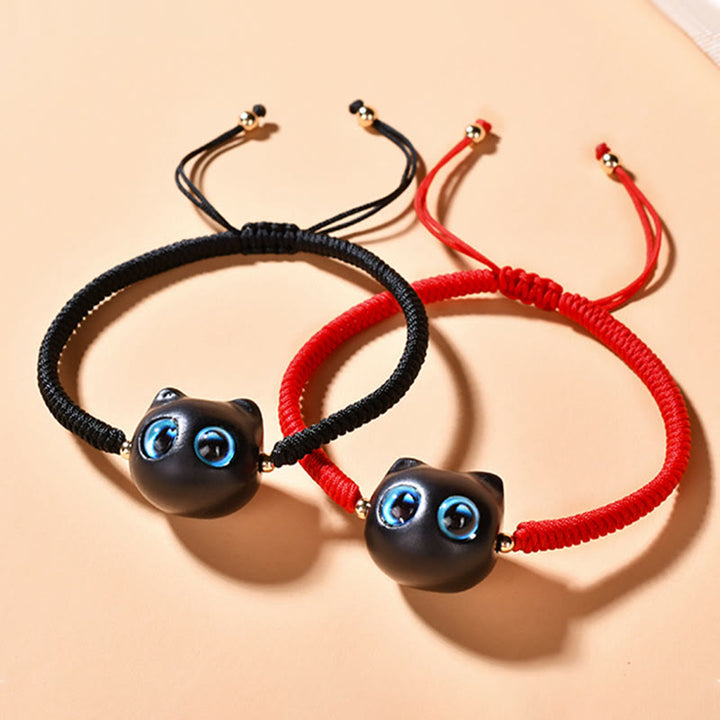 Buddha Stones Ebenholz-Katzenkopf-Muster, geflochtenes Armband mit Friedens-King-Kong-Knoten - image 3