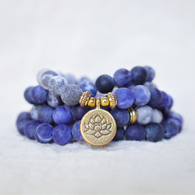 Buddha Stones 108 natürliches Picasso-Jaspis- und Blaustein-Mala-Perlen-Lotus-Anhänger-Armband