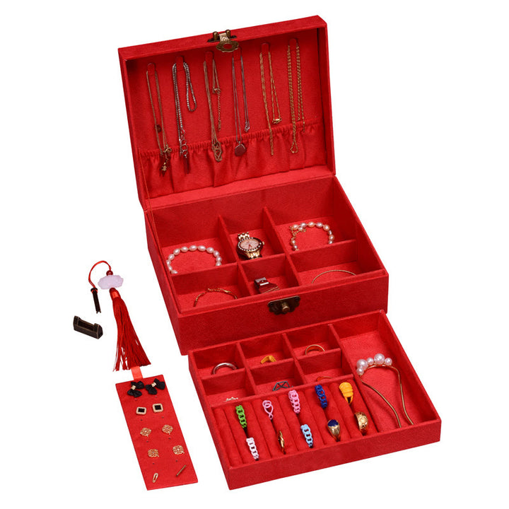 Buddha Stones, schlichtes Design, Schmuckkästchen, Organizer, zweilagige Schmuck-Aufbewahrungsbox, Flanell-Box mit Schloss - Rot23*19*6,5cm - image 19