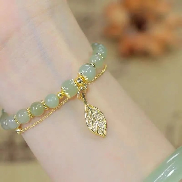 Perlenarmband mit Buddha Stonesn, Jadeblatt, Ginkgo-Tulpe, Erdnuss-Fu-Charakter, Glücksperlen