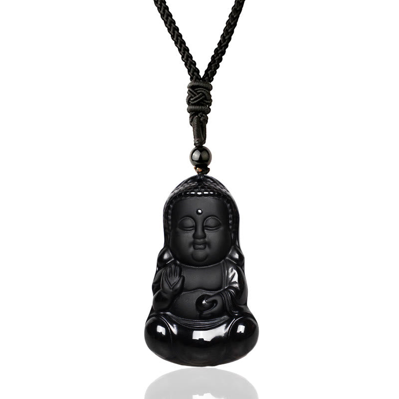 Buddha Stones, natürlicher schwarzer Obsidian-Kristall, Buddha-Stärke, Schutz, Amulett, Glücksbringer-Anhänger-Halskette - image 1