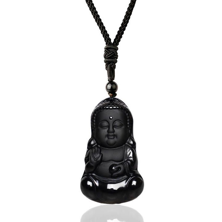Buddha Stones, natürlicher schwarzer Obsidian-Kristall, Buddha-Stärke, Schutz, Amulett, Glücksbringer-Anhänger-Halskette - image 1
