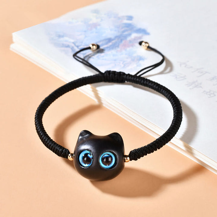 Buddha Stones Ebenholz-Katzenkopf-Muster, geflochtenes Armband mit Friedens-King-Kong-Knoten - Schwarzes Seil (Handgelenkumfang 14–18 cm) - image 14