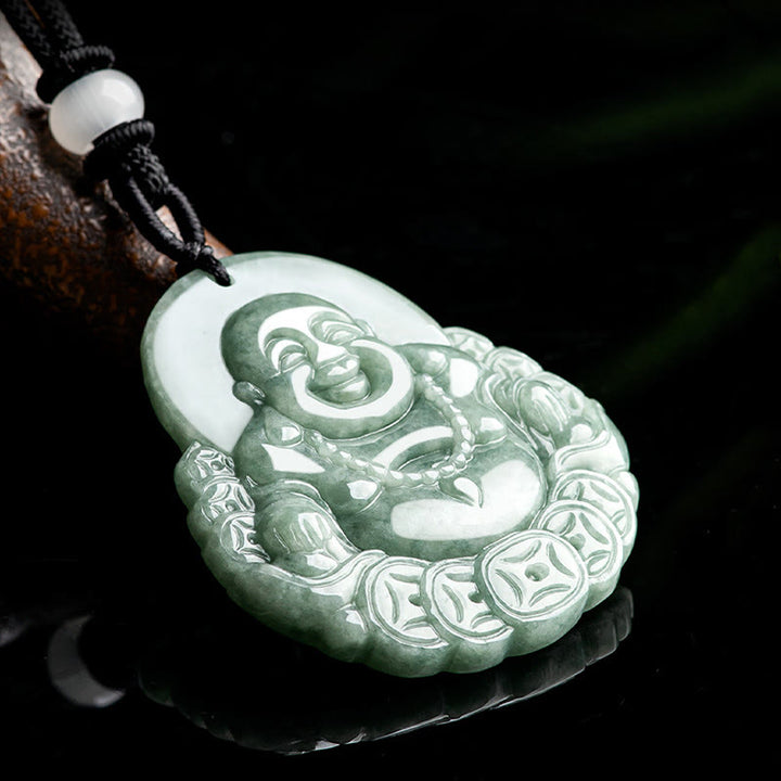 Buddha Stones, lachender Buddha, natürlicher Jade-Kupfer-Münzen-Halsketten-Anhänger - image 4