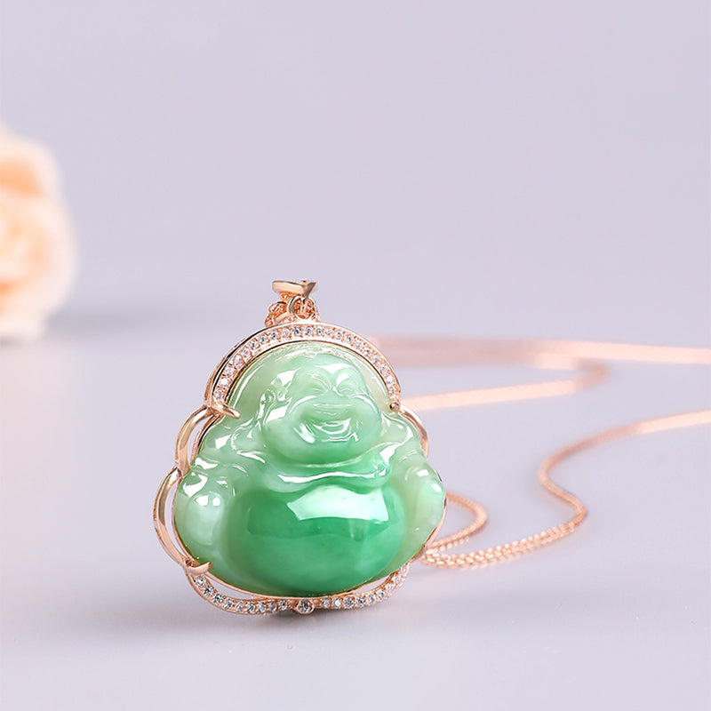 925 Sterling Silber lachender Buddha natürliche Jade Wohlstand Halskette Kettenanhänger - Pfirsichpuff - image 1