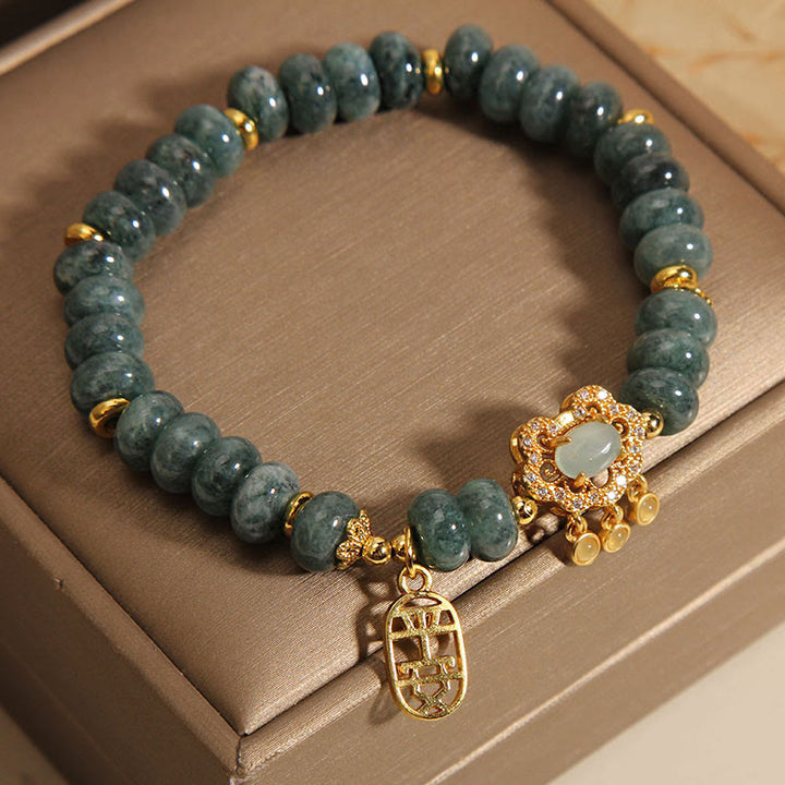 Armband mit Buddha Stonesn, natürlichem Jade-Chinesisch-Schloss-Charm, Frieden, Glück, Fülle