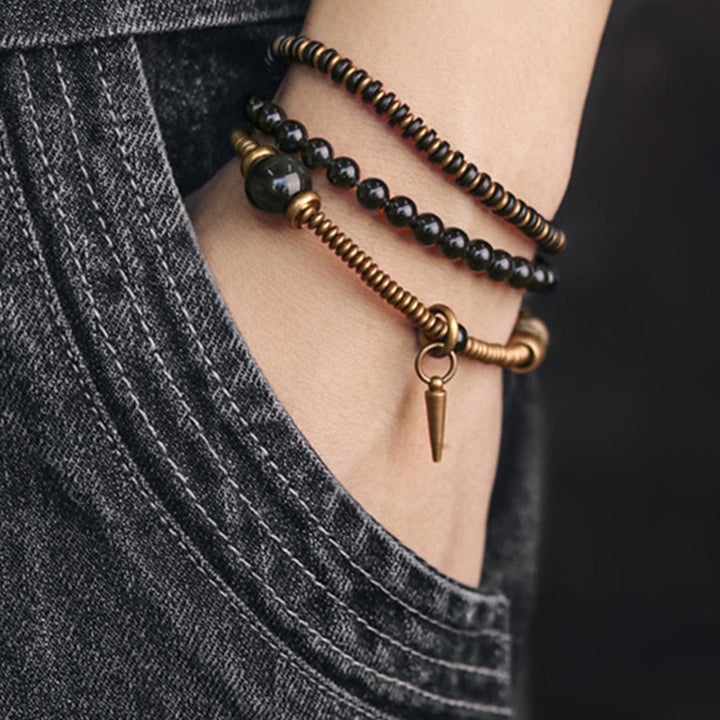 Buddha Stones, Regenbogen-Obsidian, Ebenholz, Kupfer, Heilung, dreifach gewickeltes Armband