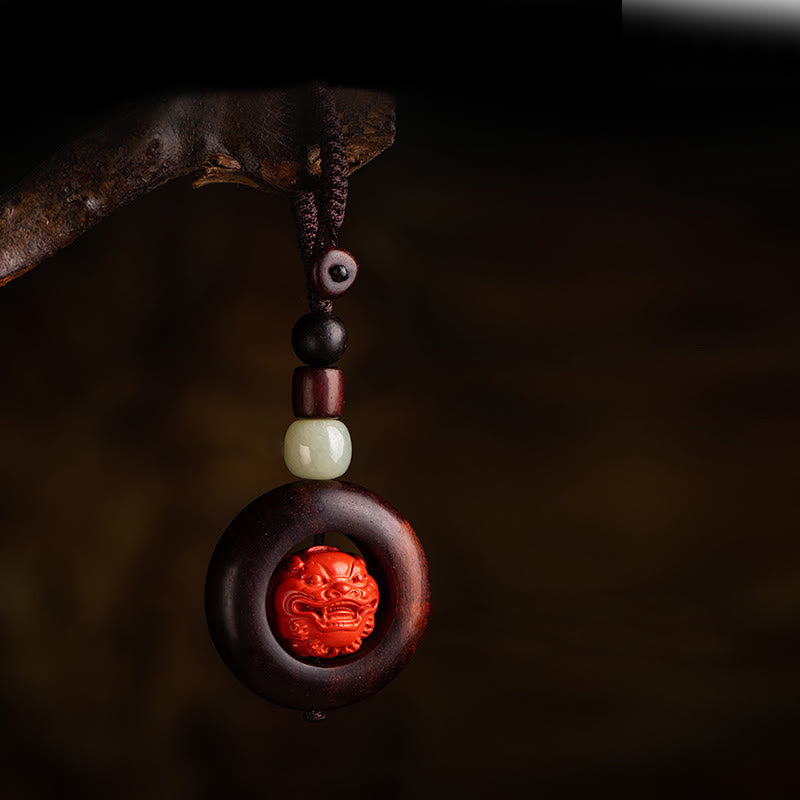 Buddha Stones, Tibet, Om Mani Padme Hum, PiXiu, Kupfermünze, kleines Blatt, rotes Sandelholz, Zinnober, Schutz-Schlüsselanhänger