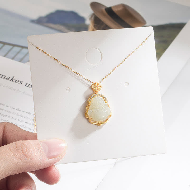 925 Sterling Silber Lachender Buddha Hetian Weiß Jade Schutz Halskette Anhänger - image 3